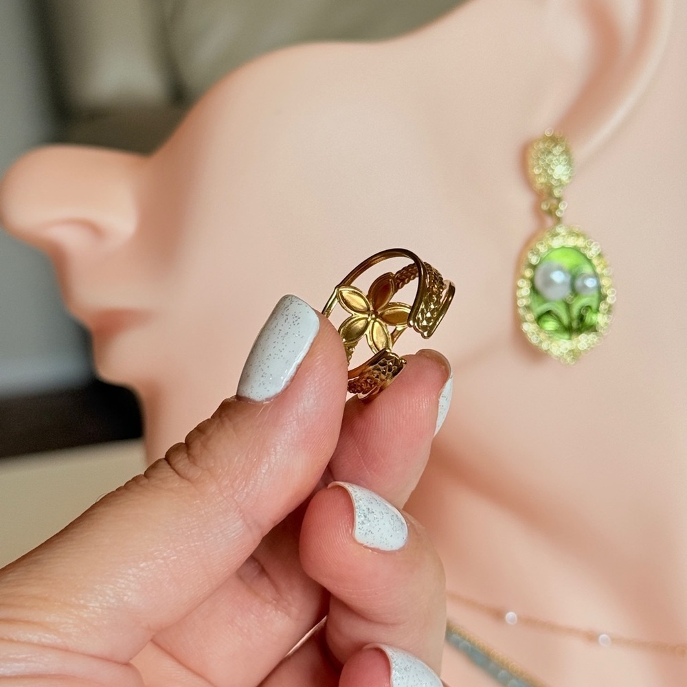Gold Clover Flower Ring with Black Enamel Accent - Picture 8 of 9